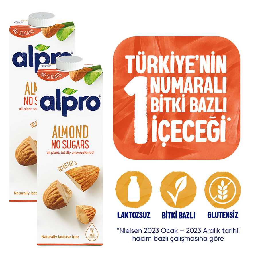  Alpro Badem Sütü Şekersiz 2x1 Lt Avantajlı Paket