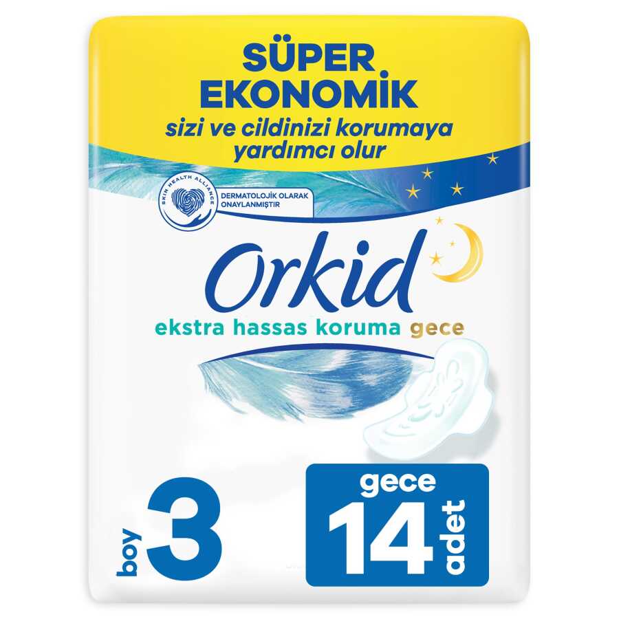 Orkid Extra Hassas Koruma Gece (Boy 3)Kanatlı Hijyenik Ped 14 Adet